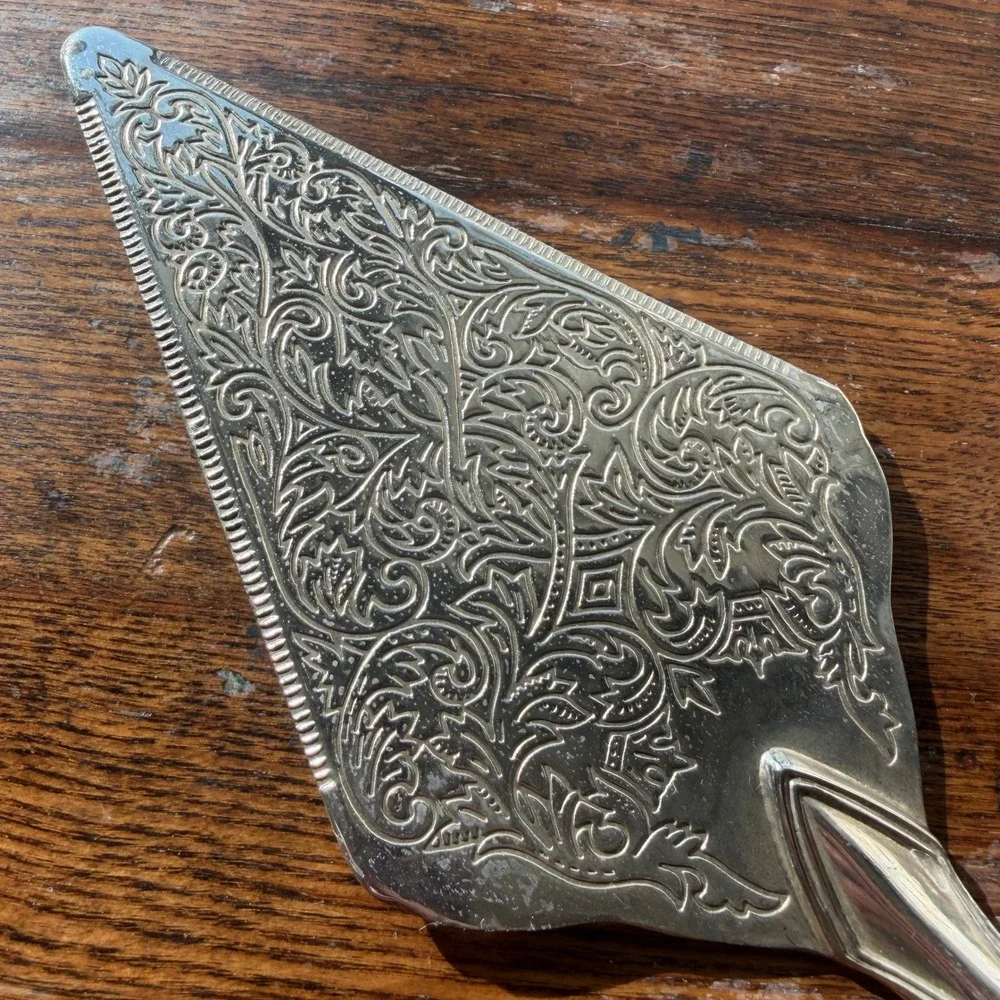 Vintage Silver Plated Ornate Etched Cake Server and Scalloped Serving Spoon Set